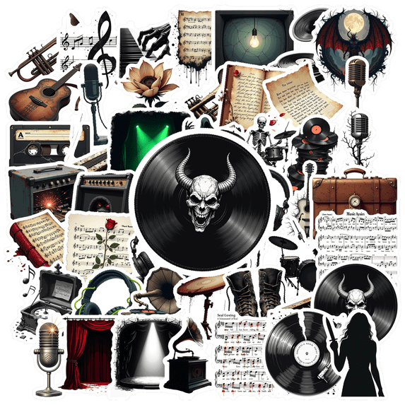 Dark Music Theme Stickers, Waterproof Music Theme Sticker for Water Bottle Laptop Phone Cases Planner Skateboard Luggage Helmet Party Favor Decor, Ideal for Adults Teens Teacher Rewards