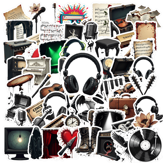 Dark Music Theme Stickers, Waterproof Music Theme Sticker for Water Bottle Laptop Phone Cases Planner Skateboard Luggage Helmet Party Favor Decor, Ideal for Adults Teens Teacher Rewards