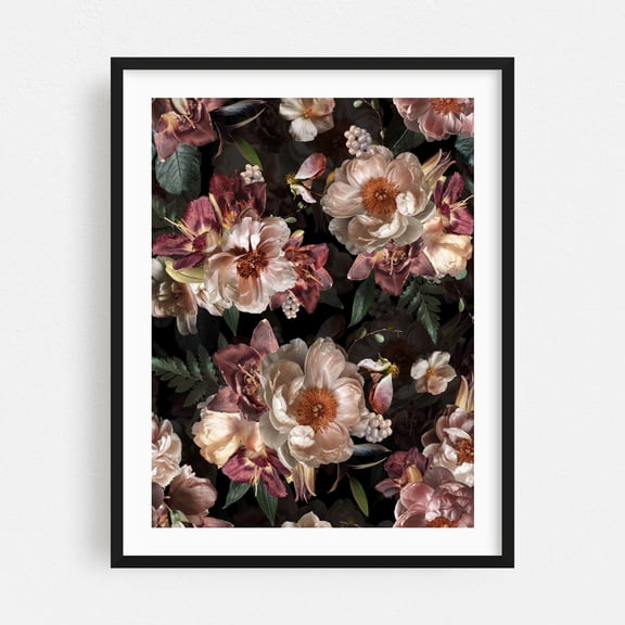 Dark Mystic Vintage Blush Peonies Garden - Collage Floral Flowers Botanical Vintage Pattern Garden Nature Black Framed Wall Art Print 5 x 7 inches