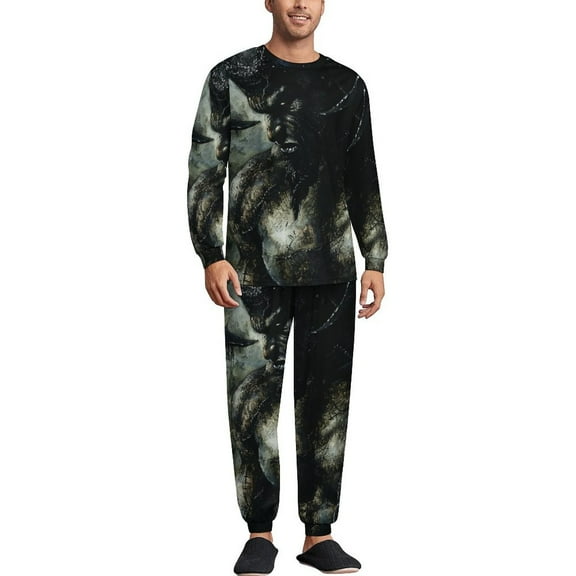 Dark Myth Muscle Men's Pajama Set Sleepwear Pjs Lightweight Long Sleeve Crewneck Shirts and Bottoms Soft Comfy Sleep Sets S