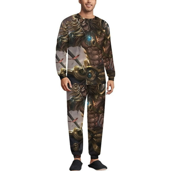 Dark Myth Muscle Men's Pajama Set Sleepwear Pjs Lightweight Long Sleeve Crewneck Shirts and Bottoms Soft Comfy Sleep Sets S