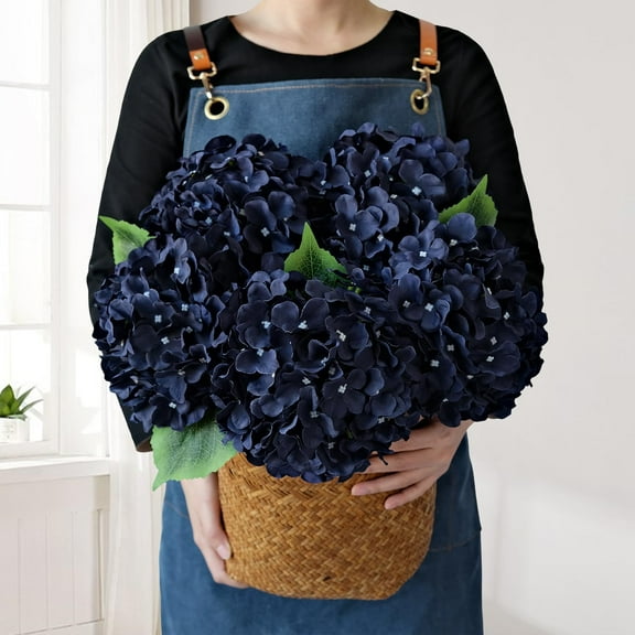 Dark Navy Blue Silk Hydrangea,5Pcs 20Inch Full Large Artificial Flower Heads with Stems Fake Hydrangeas Flowers for DIY Wedding Centerpiece Home Decor