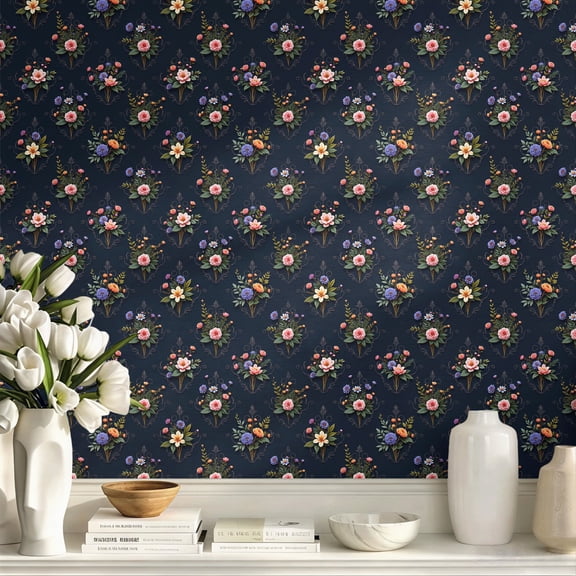Dark Navy Blue Victorian Floral Bouquet Peel and Stick Wallpaper, Vintage Boho Exquisite Elegant Wall Art Wall Decor Art Print, Home Wall Decoration for Living Room Bedroom Apartment Accent Wall