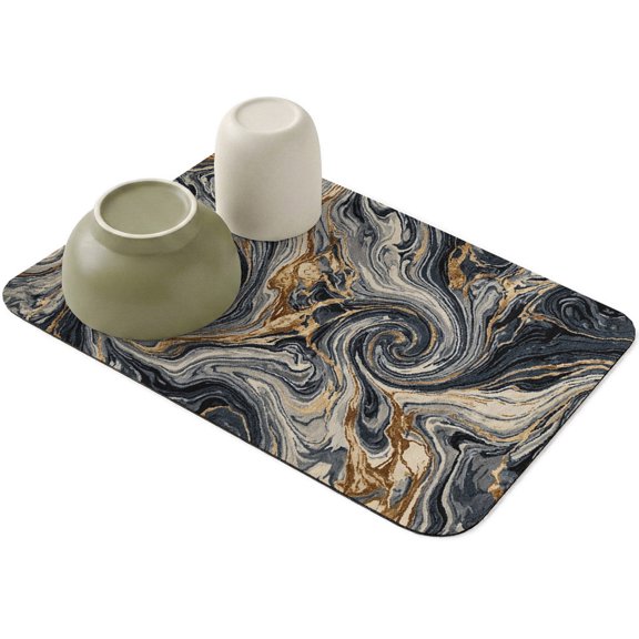 Dark Navy Gold Marbled Swirl Print Dish Drying Mat,Absorbent Diatomaceous Earth Mats Fluid Agate Stone Texture Coffee Mat Dishes Drainer Pad for Kitchen Counter Rack Sink Utensils,12x16in