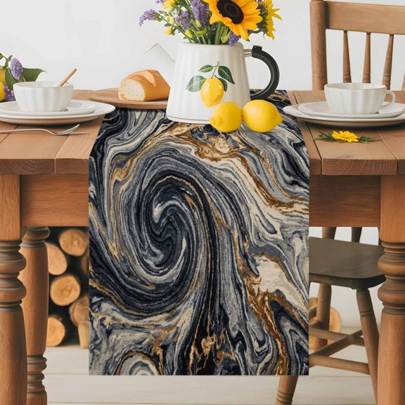 Dark Navy Gold Marbled Swirl Print Table Runner 72 Inches Long, Fluid Agate Stone Texture Table Runners Tabletop Scarf Kitchen Dining Tables Decoration for Home Party Indoor Outdoor