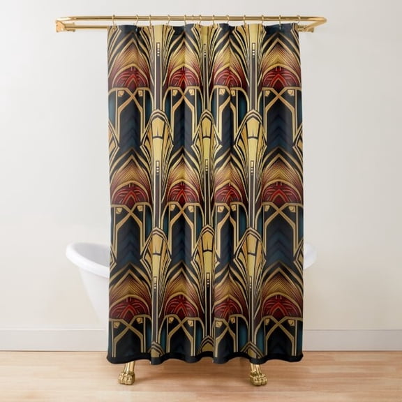 Dark Navy, Gold and Burgundy Art Deco Fan Geometric Shower Curtain, 100% Polyester, Glam Bathroom Decor