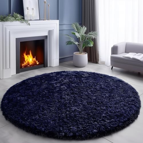 Large Navy Round Rugs Dark Navy Round Rugs 5Ft for Teen Boys Bedroom, Washable Fluffy Shag ...