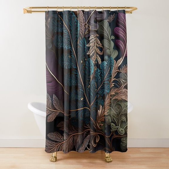 Dark Navy, Teal and Mauve Crested Bird and Botanical Foliage Shower Curtain, 100% Polyester