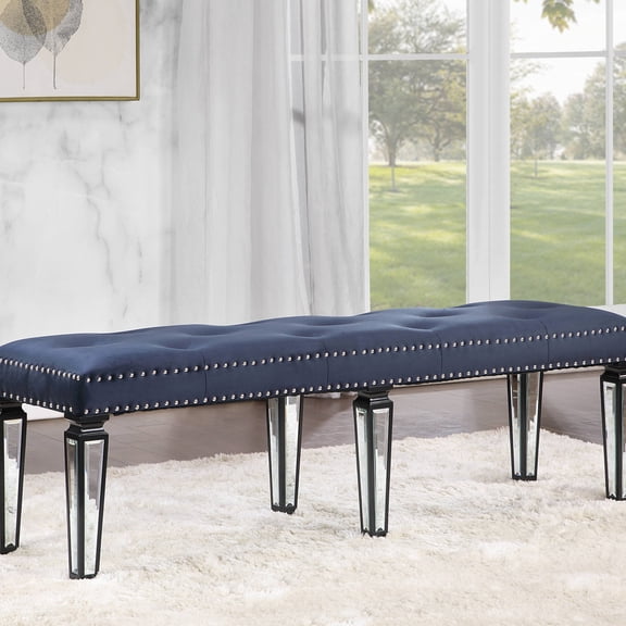 Dark Navy Velvet Bench with Mirrored Legs - Create Glam Bedroom Space
