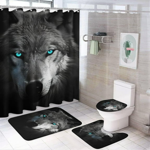 Dark Night Black Wolf Shower Curtain Set for Bathroom, 4Pcs Rustic Retro Style Bathroom Sets with Non Slip Rugs, Toilet Lid Cover, Bath Mat, Shower Curtain, Bathroom Decor