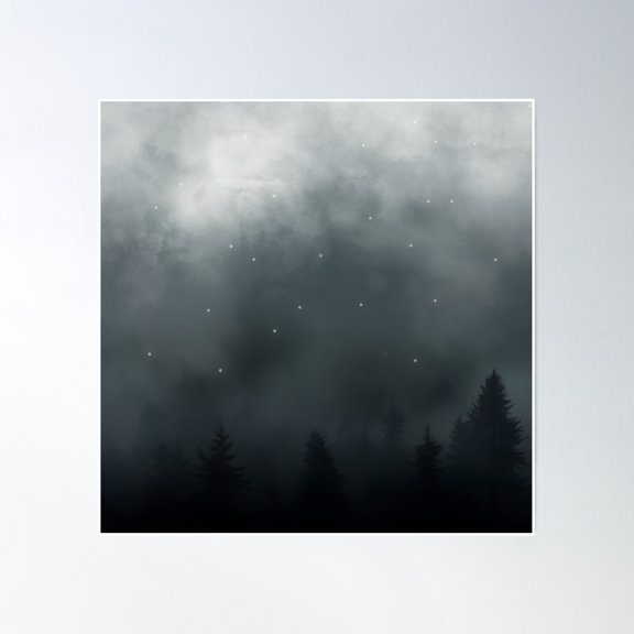 Dark Night, Fog And Stars Over The Forest Poster Wall Art, Modern Wall Decor, 8x12 UNFRAMED
