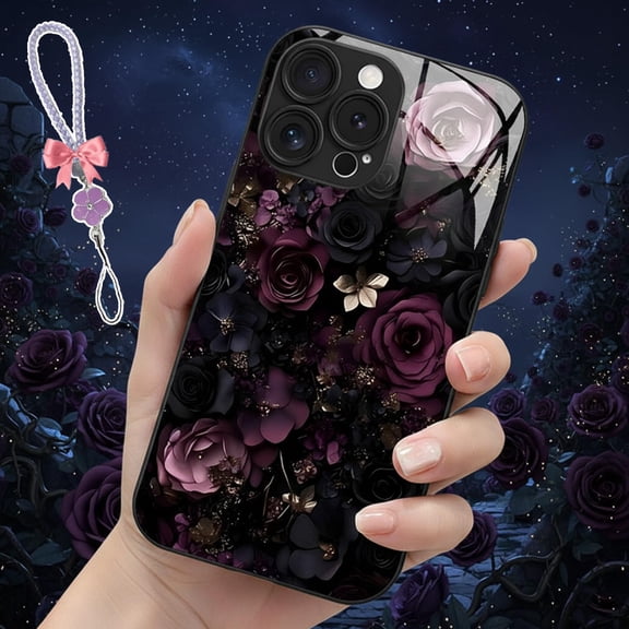 Dark Night Rose Hard Case for iPhone 16, Full Coverage Shockproof Anti-Drop Tempered Glass Phone Case for iPhone 17/16 Pro Max (for iPhone 16)