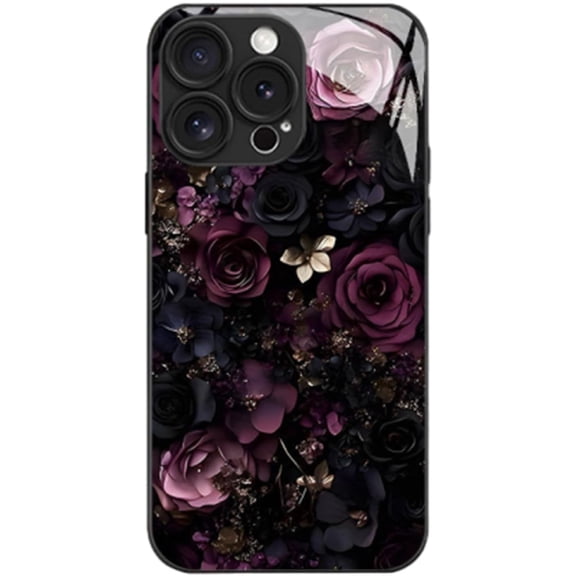 Dark Night Rose Hard Case for iPhone, Full Coverage Shockproof Anti-Drop Tempered Glass Phone Case for iPhone 17/16/15/14Pro Max