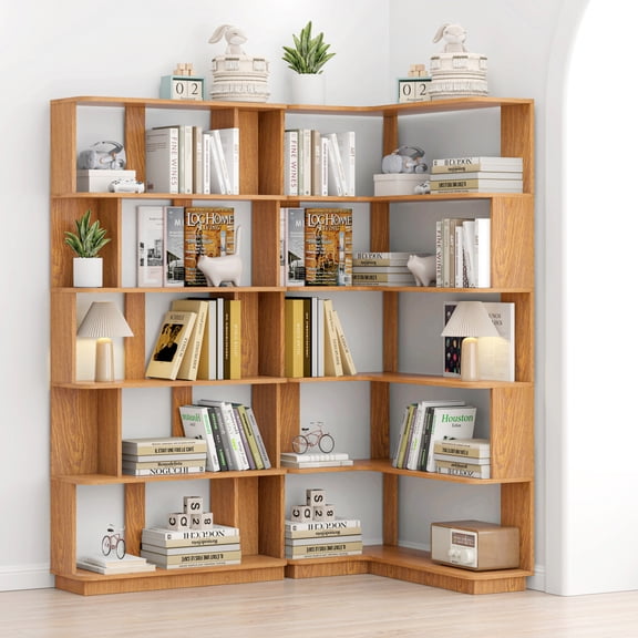 Dark Oak 35.43" Left Extended 6-Tier L Corner Bookshelf, 2 Pack Freely Combinable Large Capacity Bookcase, Space Saving Freestanding Storage Display Shelf for Home
