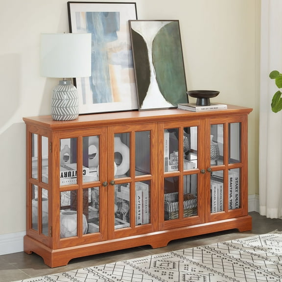 Dark Oak Antique Curio Display Cabinet with Led Lighting and Four Glass Doors Ideal for Showcasing Home or Office Collectibles