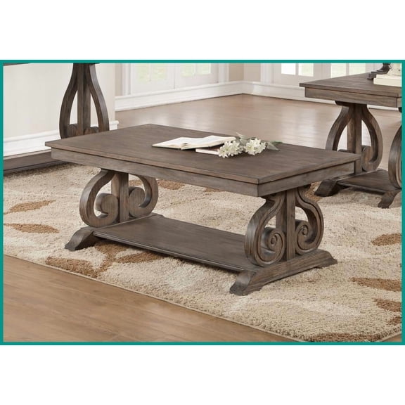 Dark Oak Distressed Wood Coffee Table with Scrolled Base & Lower Shelf for Living Room, French Provincial Style