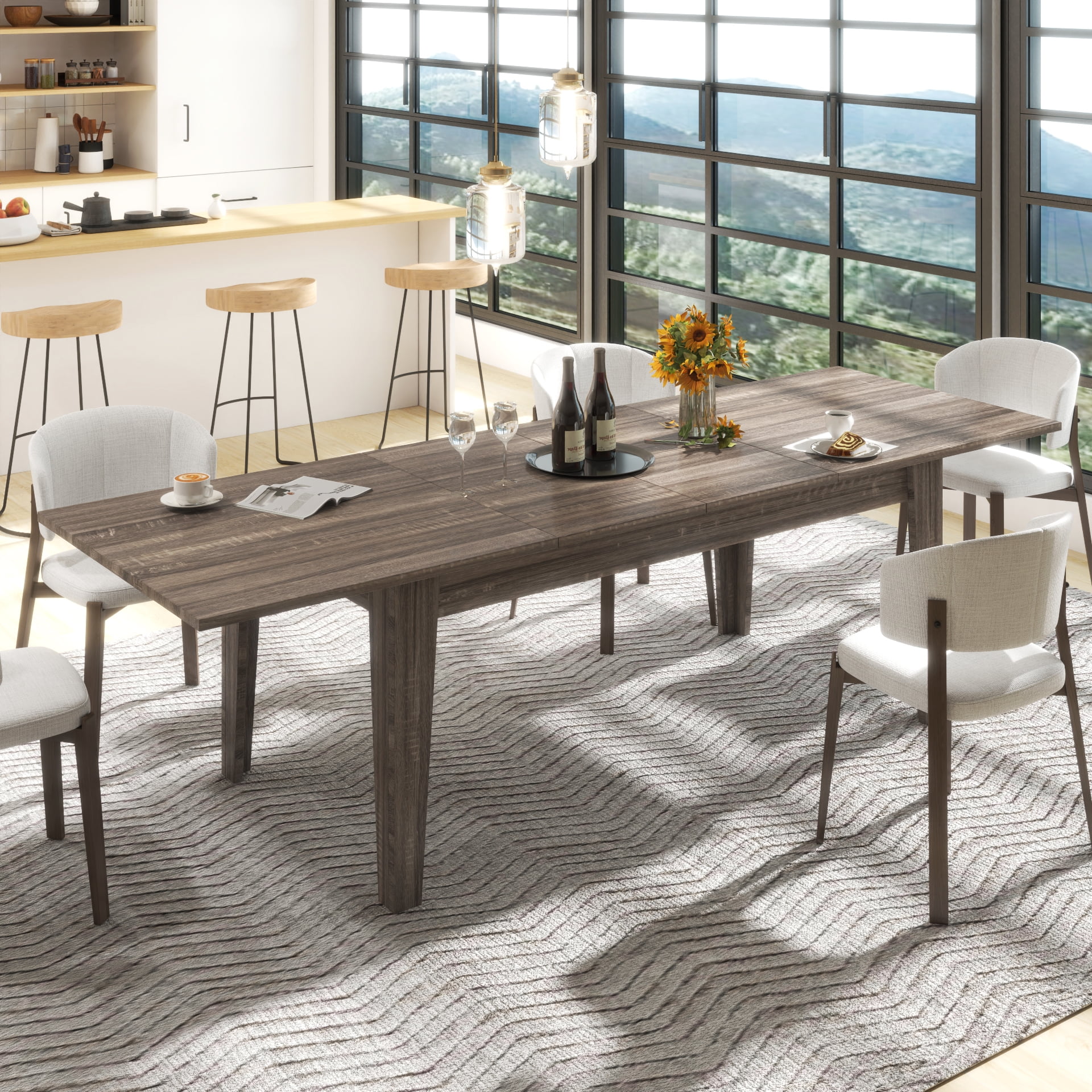 Dark Oak Extendable Dining Table, 106.5" Wood Kitchen Table for 6-8 ...