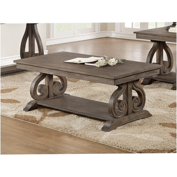 Dark Oak Wood Coffee Table with Bottom Shelf, Traditional Cocktail Table for Living Room with Scrolled Base