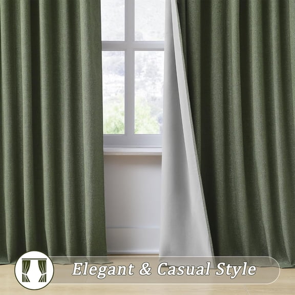 Dark Olive Green Blackout Curtains, 2-Pack 50"x96" - Back Tab Drapes with Hooks & Grey Backing for Track System