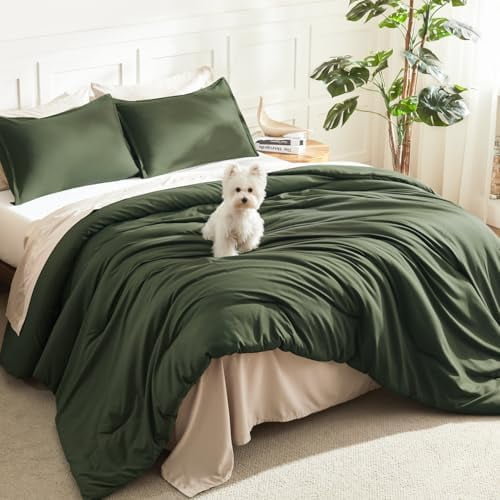 Dark Olive Green Comforter Set King, 3 Pieces Solid Bedding Comforter Set, All Season Fluffy Bed Set (104x90In Comforter & 2 Pillowcases)