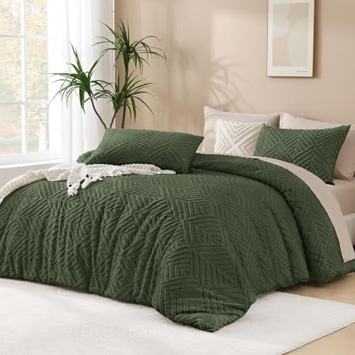 Dark Olive Green Comforter Set King Size, 3 Pieces Boho Men Bedding Set & Collections, Farmhouse Tufted Fluffy Bedding Comforter Set for All Seasons (1 Comforter 104x90In, 2 Pillowcases)