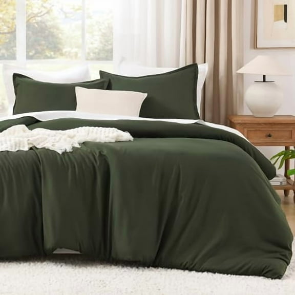 Dark Olive Green Comforter Set Queen, 3 Pieces Solid Bedding Comforter Set, All Season Fluffy Bed Set (90x90In Comforter & 2 Pillowcases)