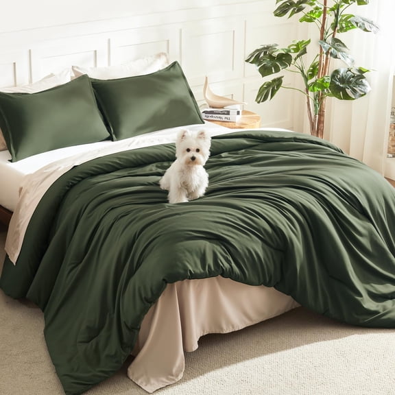 Dark Olive Green King Comforter Set 3 Pieces Solid All Season Fluffy Bed Set with 2 Pillowcases
