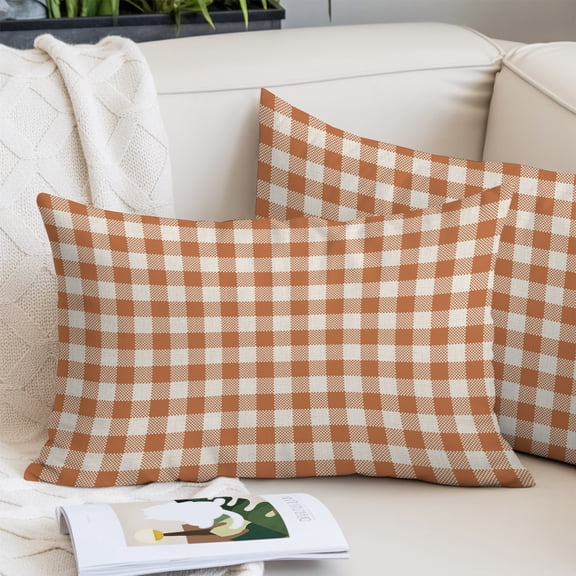 Dark Orange Checkered Pillow Covers Queen, Fall Farmhouse Buffalo Plaid Linen Soft Brushed Microfiber Breathable Throw Pillow Covers, Decorative Pillowcase with Zipper for Sofa Couch Bedroom 20"x30"