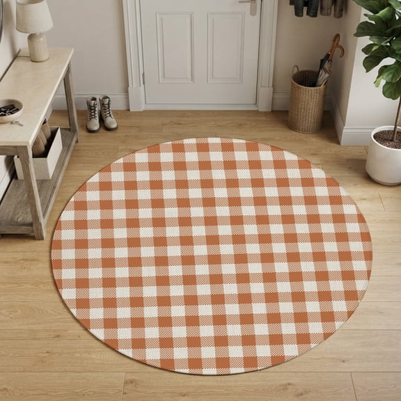 Dark Orange Checkered Round Area Rug 3Ft Small Circle Rugs for Kitchen Entryway, Fall Farmhouse Buffalo Plaid Linen Non-Slip Carpet Floor Mats Indoor Outdoor Carpet Runner Aesthetic Home Decor