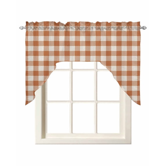 Dark Orange Checkered Swag Curtains for Kitchen Fall Farmhouse Buffalo Plaid Linen Valances for Windows Rod Pocket Small Window Treatment Short Topper for Cafe Bedroom Bathroom Living Room 56x36 Inch