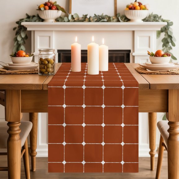 Dark Orange Checkered Table Runner, Modern Minimalist Geometric Grid Lines Plaid Washable Cotton-linen Table Runners Dining Kitchen Decoration for Everyday Home Wedding Party Decor, 13 x 90 Inch
