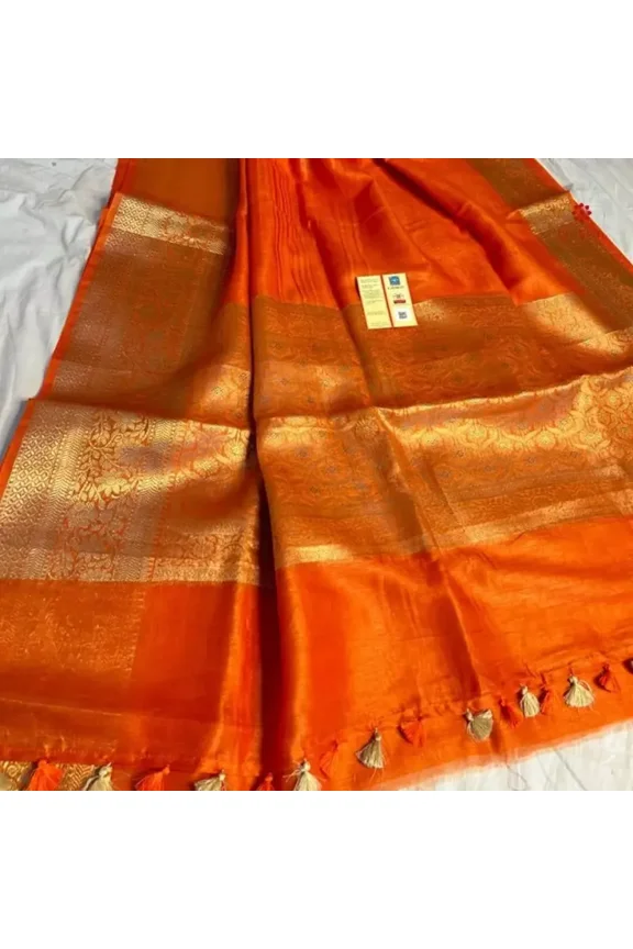 Dark Orange Pure Linen Banarasi Saree