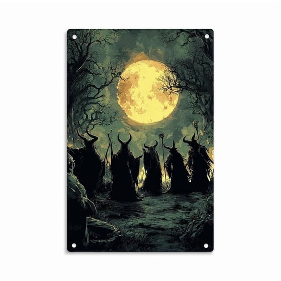 Dark Pagan Ritual Under Full Moon Gothic Witchcraft Wiccan Coven Tin Sign, Vintage Dark Fantasy Metal Sign Print Aesthetic Room Decoration for Home Bedroom Kitchen Bar Dorm Bathroom Wall Decor 8 X 12