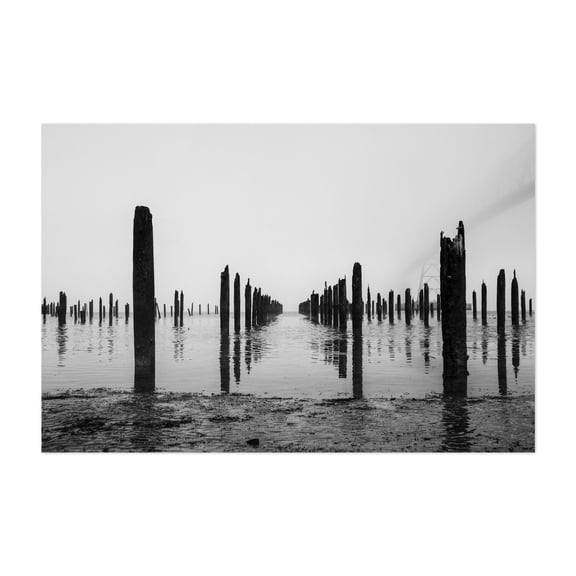 Dark Path into Water - Astoria Oregon Photography Black and White Minimalist Foggy Bridge Seascape Abstract Moody Unframed Wall Art Print 4 x 6 inches