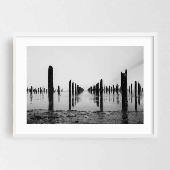 Dark Path into Water - Astoria Oregon Photography Black and White Minimalist Foggy Bridge Seascape Abstract Moody White Framed Wall Art Print 24 x 36 inches