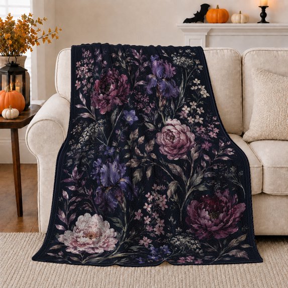 Dark Peony Bouquet on Navy Garden, Moody Floral Style for Flower Lovers, Romantic Botanical Pattern and Birthday Gift, Soft Flannel Blanket for Bedroom, Home Decor