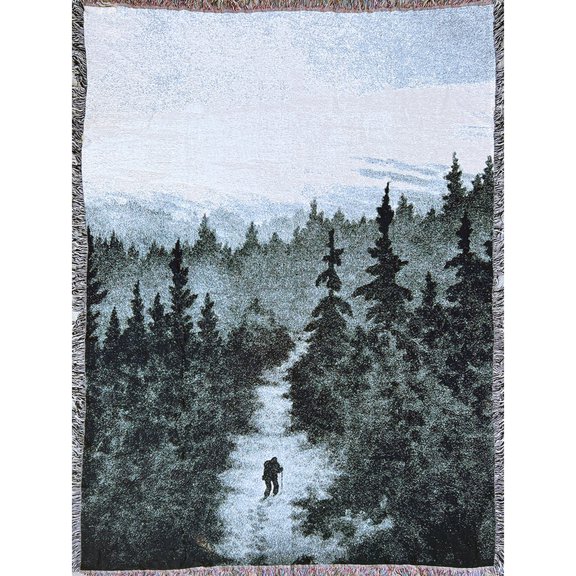 Dark Pine Forest Hiker Woven Throw Blanket, 100% Cotton, Fringed Edges