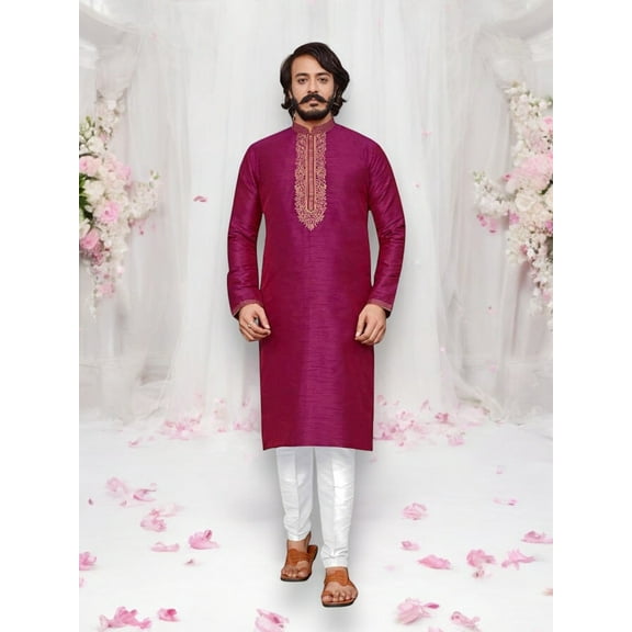 Dark Pink Color Designer Party Wear Traditional Art Silk Kurta with Pajama– Cultural Wear for Mens