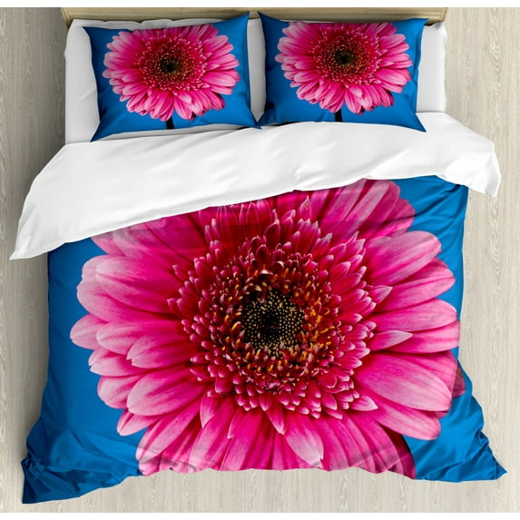Dark Pink Duvet Cover Set, Close up Shot of Pink Gerbera Blossom, Decorative 3 Piece Bedding Set with 2 Pillow Shams, King Size, Azure Blue Hot Pink, by Ambesonne