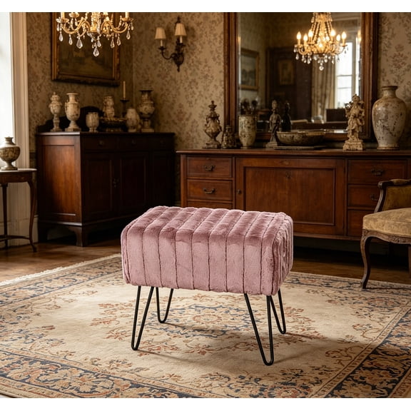 Dark Pink Mink Faux Fur Ottoman 19.5"x12.5"x17", Entryway Bench, Comfy Furry Makeup Stool with Metal Legs, Foot Rest for Bedroom End of Bed, Living Room Couch Vanity