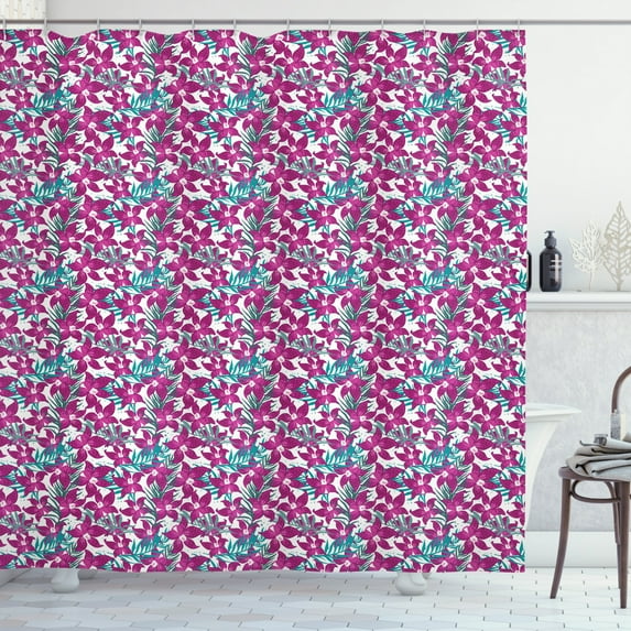 Dark Pink Shower Curtain, Pattern of Tropical Orchid Flowers Vibrant Petals, Fabric Bathroom Set with Hooks, 69W X 84L Inches Extra Long, Dark Magenta Dark Purple Baby Pink White, by Ambesonne