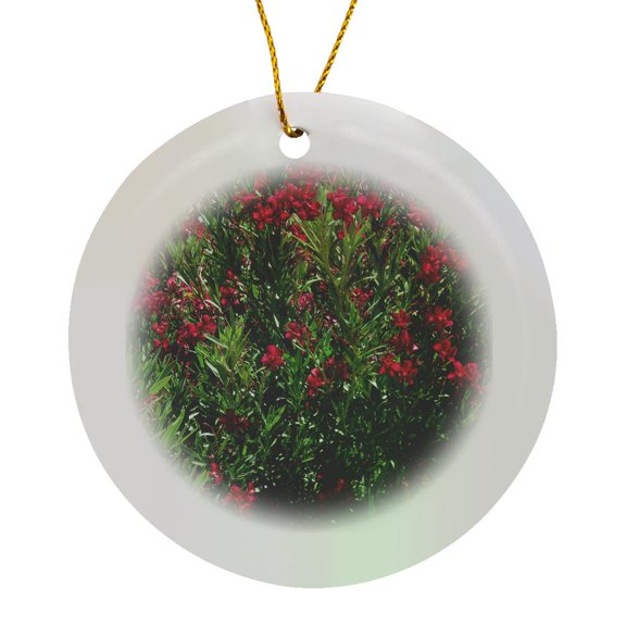 3drose, Dark Pinkish Red Flowers on a Green Leaf Oleander, Circle Porcelain Ornament