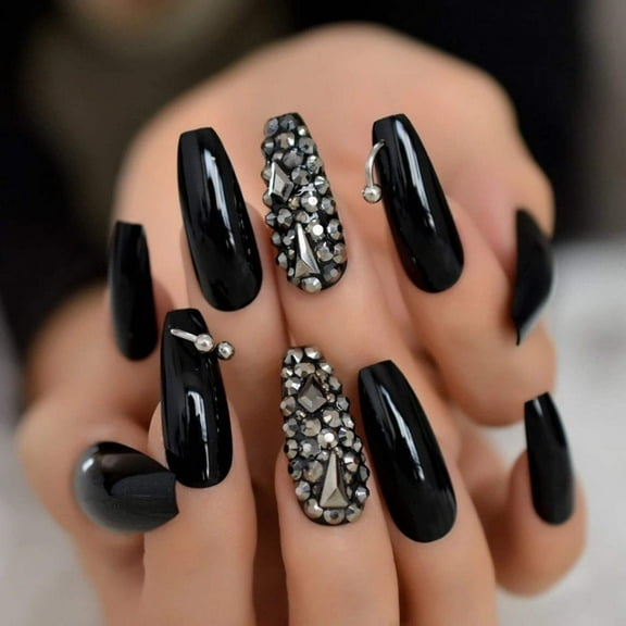 Black 3D Crystal Press On Nails, Extra Long Ballerina Gothic Rhinestones Fake Nails, Dark Pixies