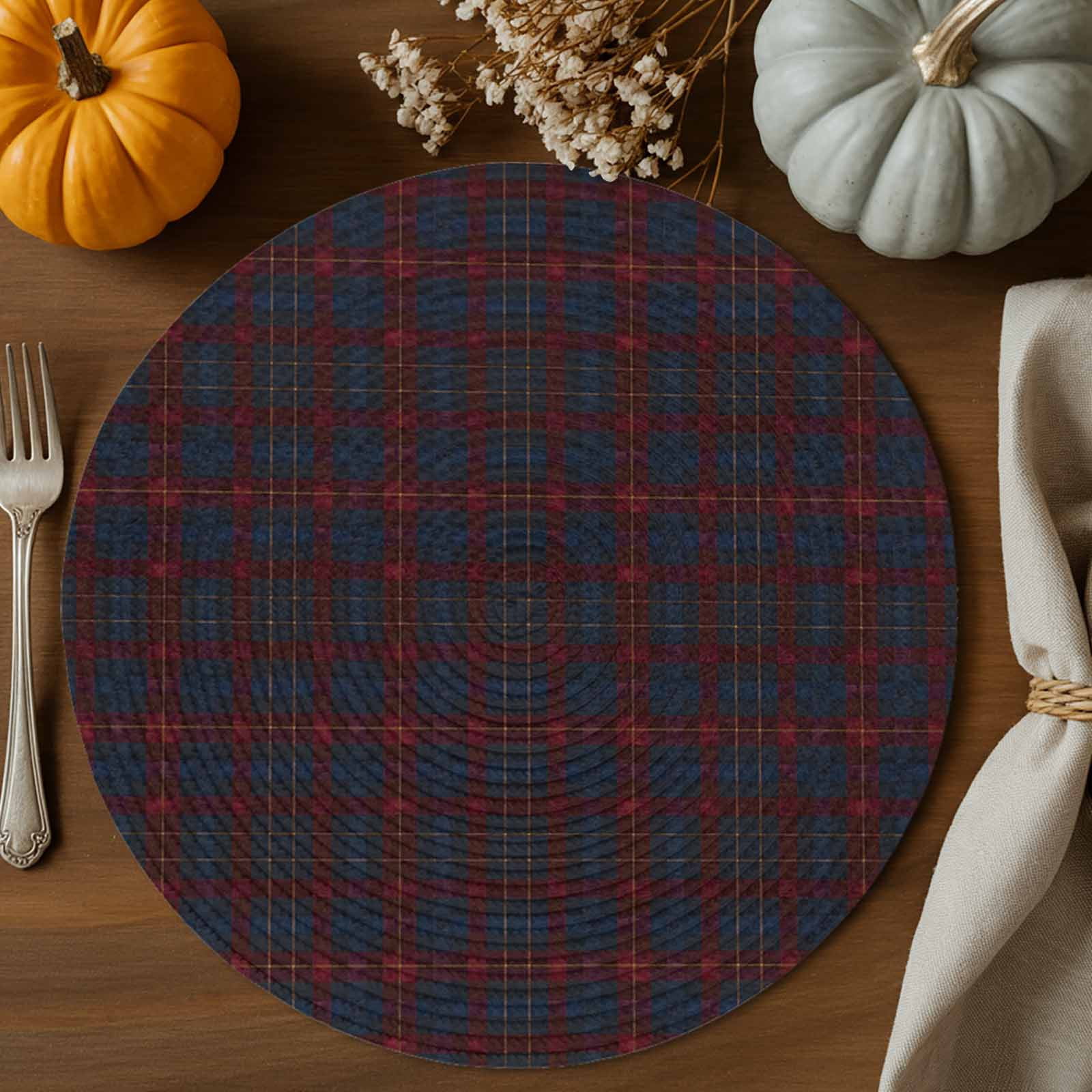 Dark Plaid Round Braided Placemats 13