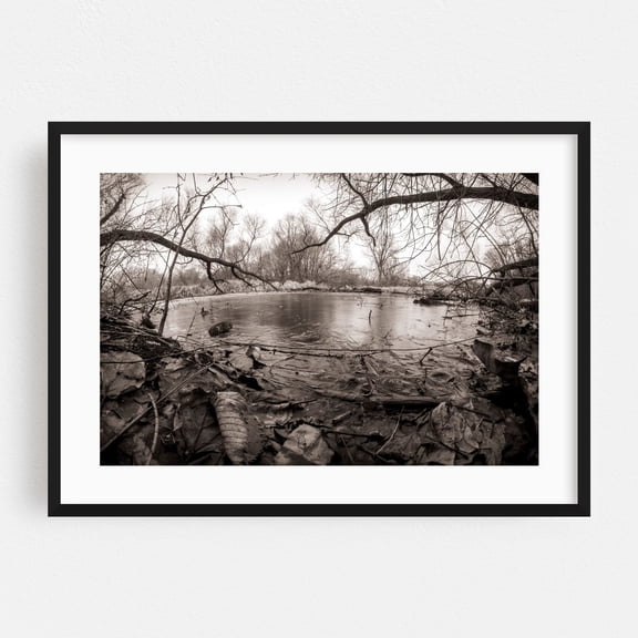 Dark Pond - Photography Black and White Winter Nature Woodland Scenic Moody Wilderness Black Framed Wall Art Print 5 x 7 inches