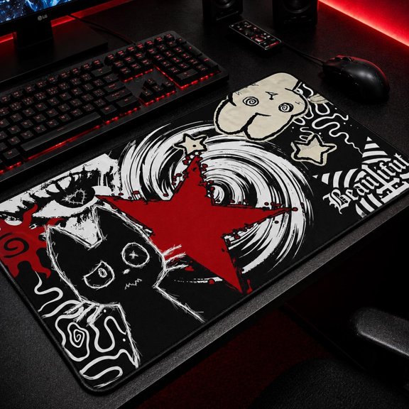 Dark Punk Mouse Pad, Grunge Red Star Cat Art, Alt Aesthetic Gaming Mat for Goth, 60 x 30 cm