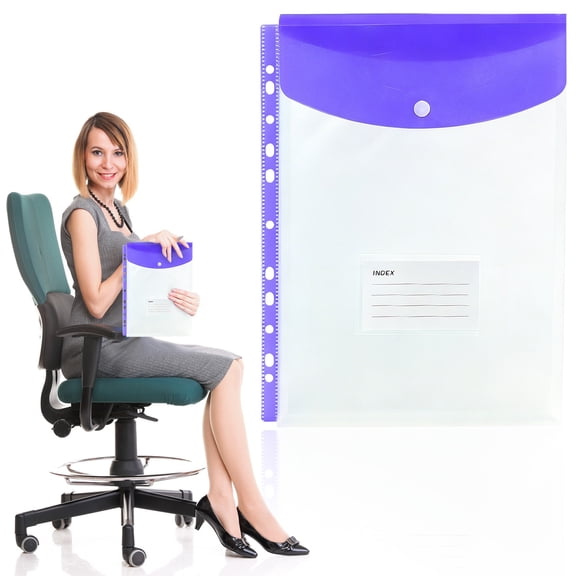 Dark Purple 11-Hole Plastic Binder Pocket, 12.6x9.25in Snap Button A4 Waterproof File Pouch, Ring Binder Document Envelope for Office Blueprint & Craft Paper Storage, Hot Pick Desk Organizer