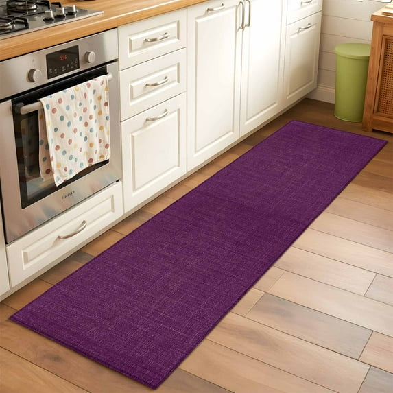 Dark Purple 2x6 Kitchen Runner Rug, Farmhouse Burlap Solid Brown Color Modern Linen Texture Non-Skid Rubber Backing Large Area Rugs - Living Room Bedroom Office, Indoor Floor Carpets Washable Rug