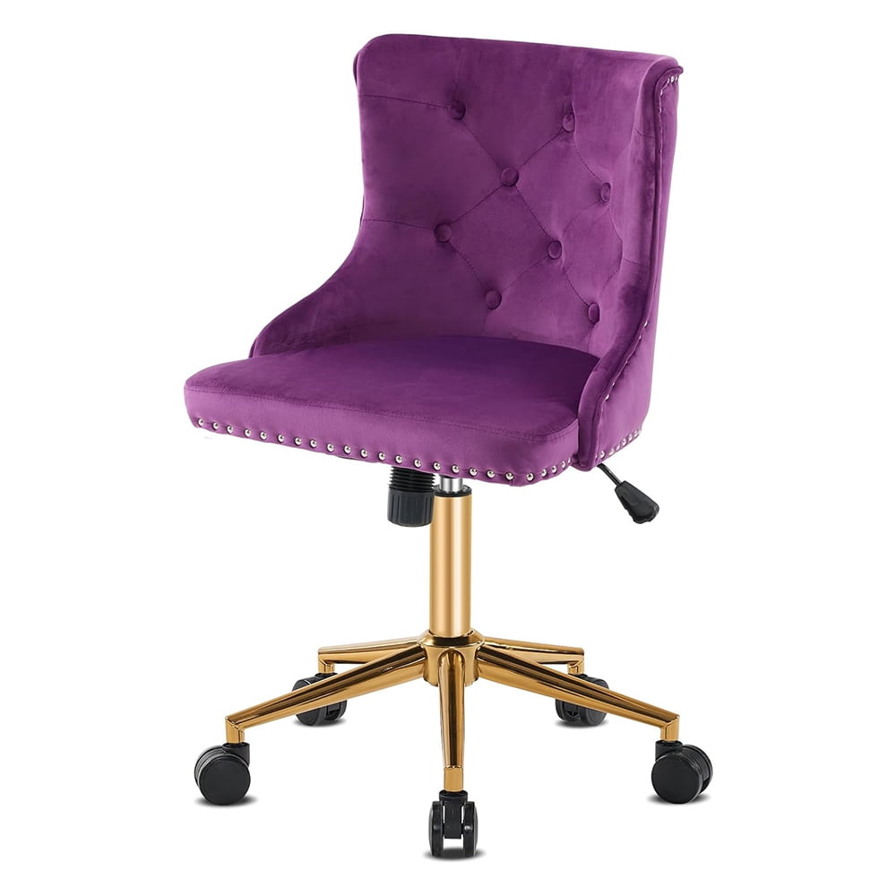 Dark Purple Armless Home Office Desk Chair with Gold Base/Wheels, Small ...