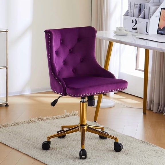 Dark Purple Armless Home Office Desk Chair with Gold Base/Wheels, Small Cute Vanity/Makeup Chair with Back for Bedroom, Upholstered Adjustable Rolling Swivel Nail Chair for Women/Girls